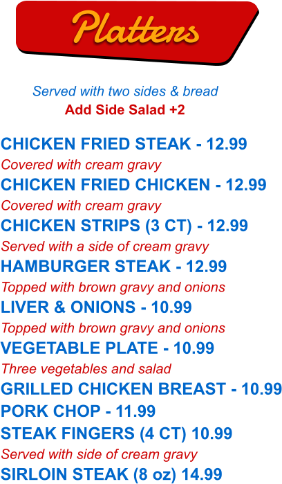 CHICKEN FRIED STEAK - 12.99 Covered with cream gravy CHICKEN FRIED CHICKEN - 12.99 Covered with cream gravy CHICKEN STRIPS (3 CT) - 12.99 Served with a side of cream gravy HAMBURGER STEAK - 12.99 Topped with brown gravy and onions LIVER & ONIONS - 10.99 Topped with brown gravy and onions VEGETABLE PLATE - 10.99 Three vegetables and salad GRILLED CHICKEN BREAST - 10.99 PORK CHOP - 11.99 STEAK FINGERS (4 CT) 10.99 Served with side of cream gravy SIRLOIN STEAK (8 oz) 14.99   Platters Served with two sides & bread Add Side Salad +2
